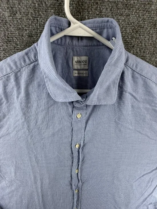 Armani Collezioni Modern Check Large Blue Mens Button Up Shirt Italian Spread - Picture 1 of 15